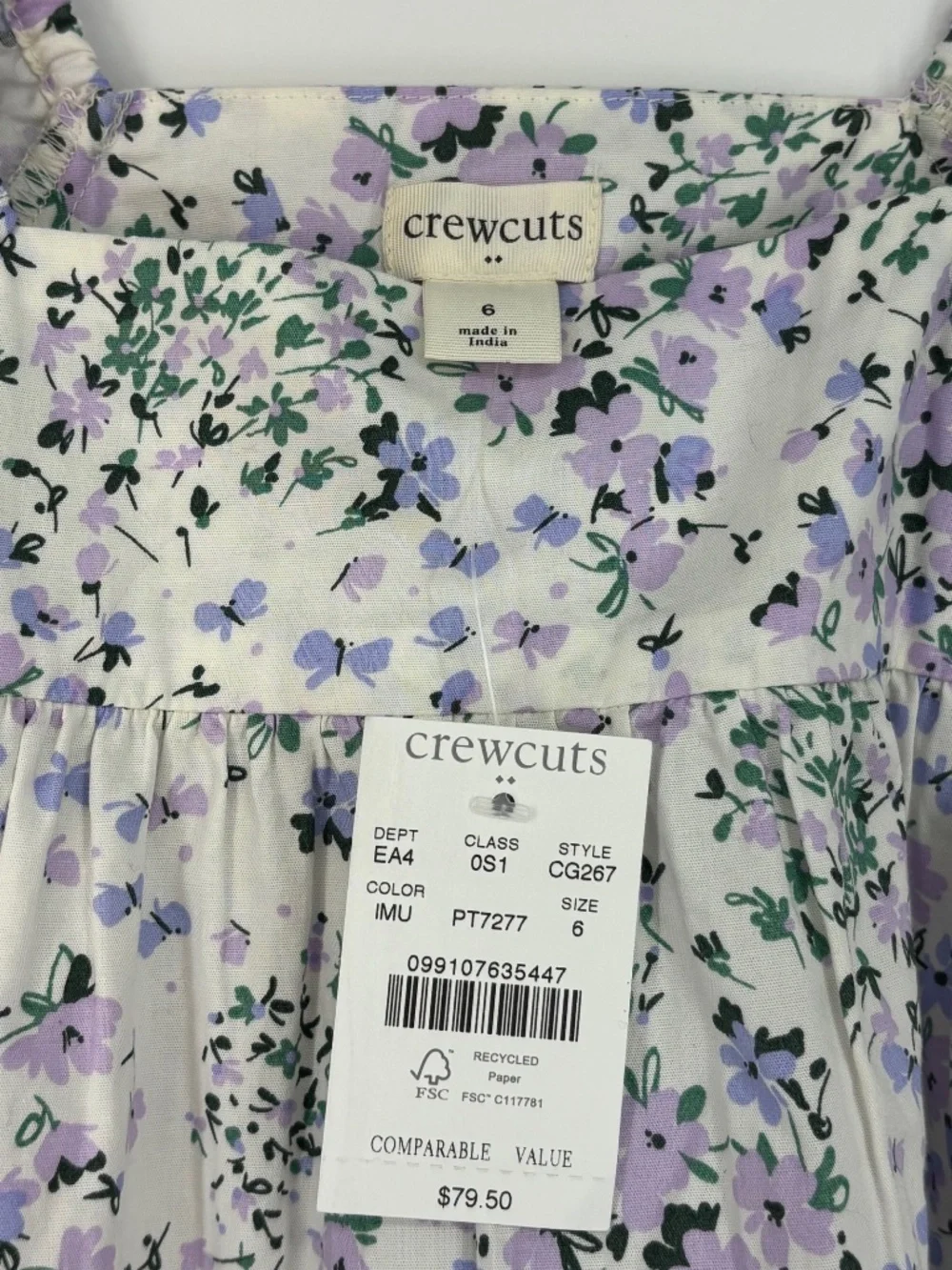 Crewcuts Girls Size 6 Puff Sleeve Dress White Purple Blue Floral Square Neck